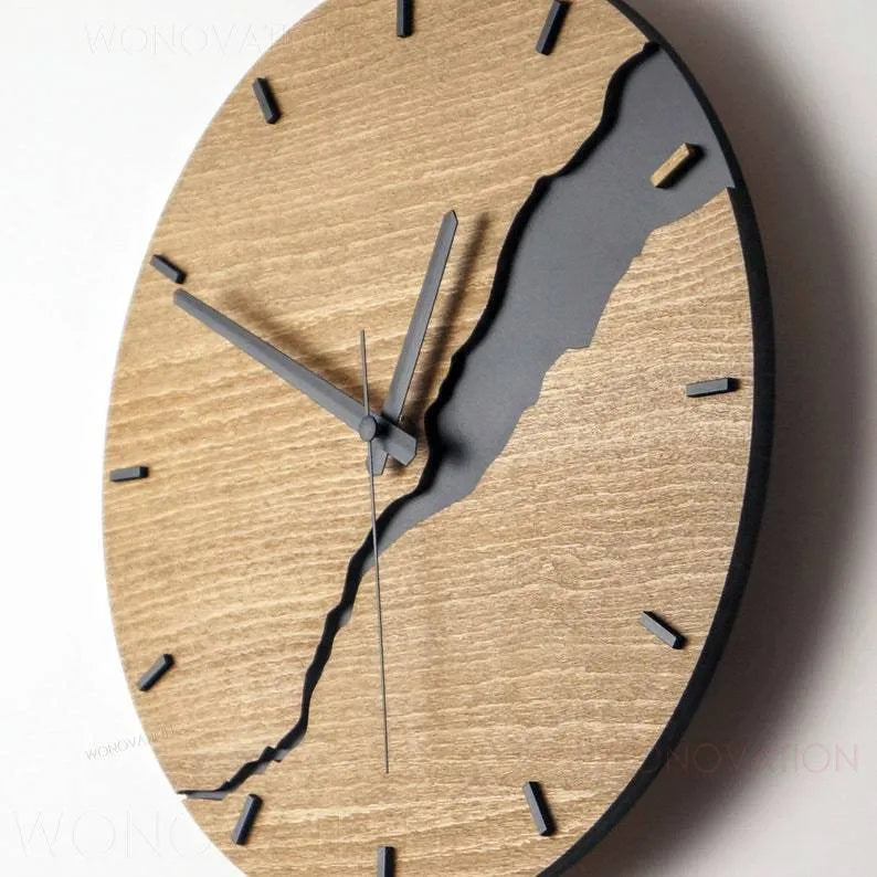 Modern simple wooden wall clock with creative crack design in colour option A.