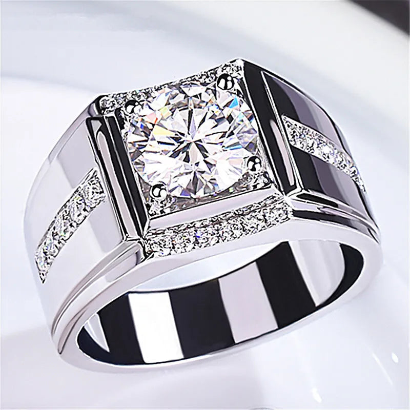 Men's geometric diamond imitation moissanite ring with adjustable opening in electroplated finish