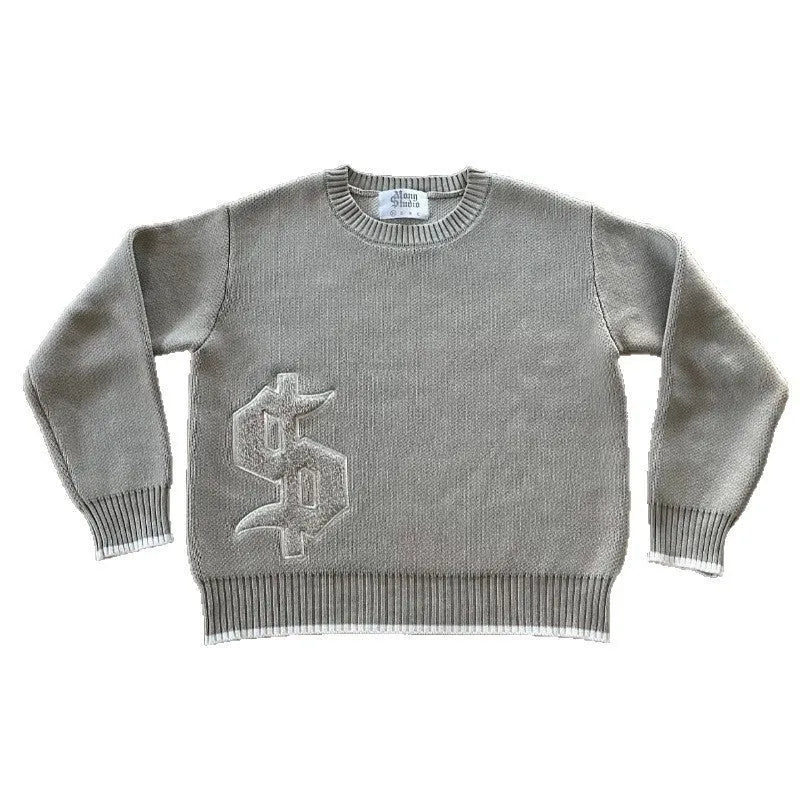 Grey jacquard knit pullover coat with loose fit and long sleeves for autumn winter wear