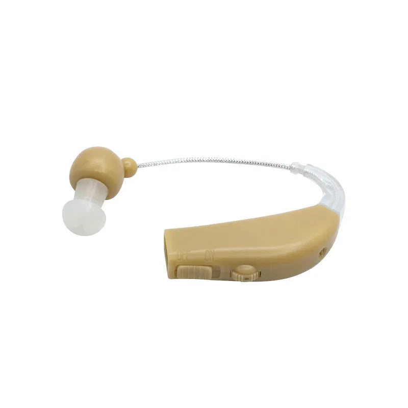 Black rechargeable hearing aid amplifier with silicone housing and charging cable