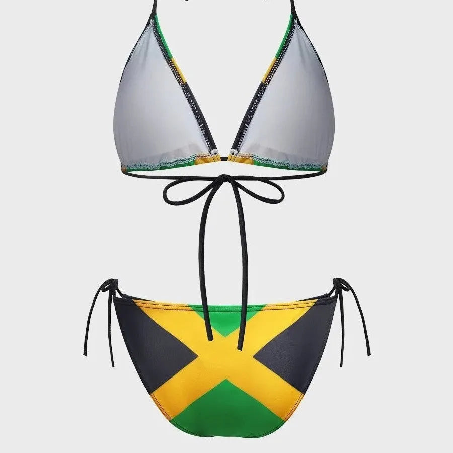 Green slim fit tied women's printed bikini set with sleeveless top and tie-side bottoms on a plain background