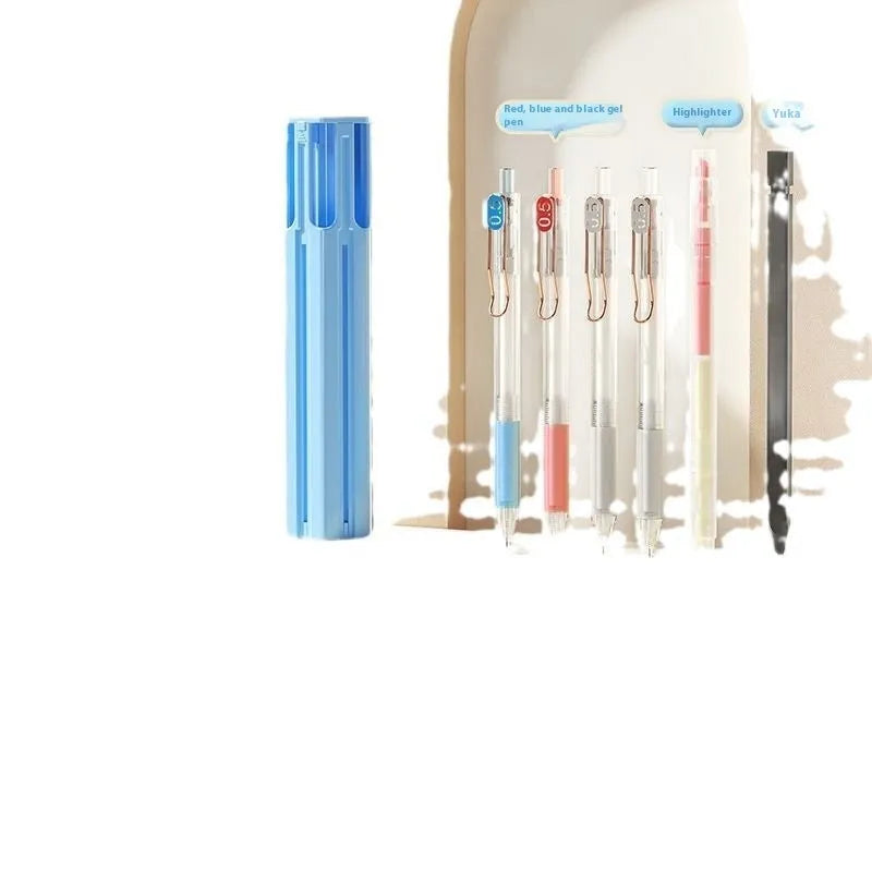 Plastic pencil box kit with six pens organised in portable case