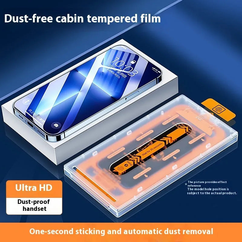 Two-pack dust-free tempered glass screen protector for iPhone, showing HD and privacy variants.