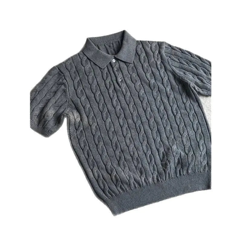Man wearing a light grey twisted knit short sleeve casual t-shirt