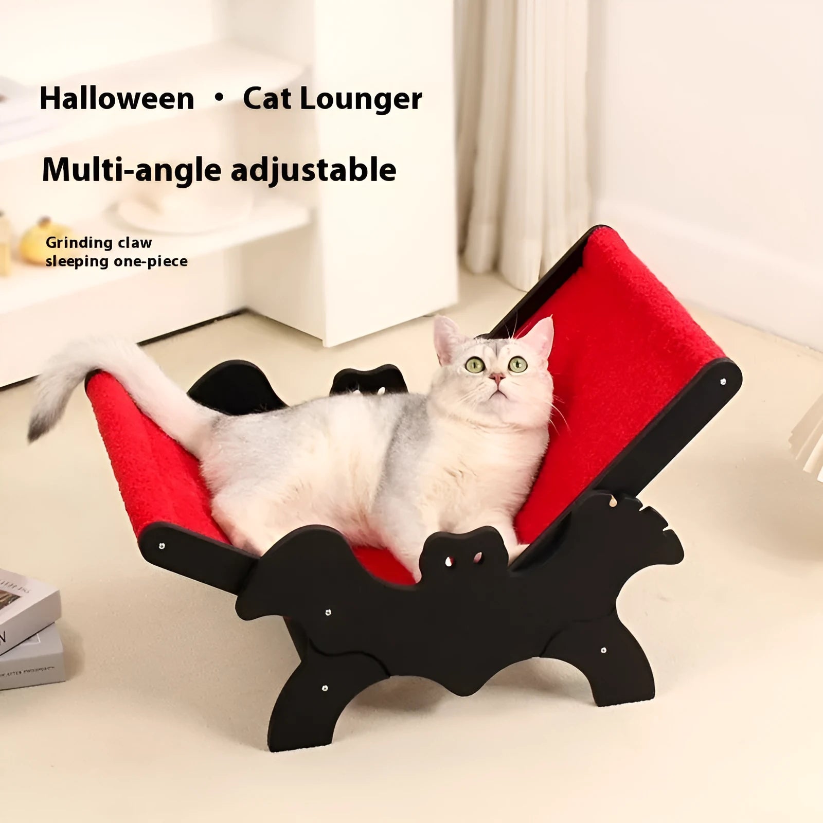 Wooden cat recliner bed with black and red Halloween colour theme