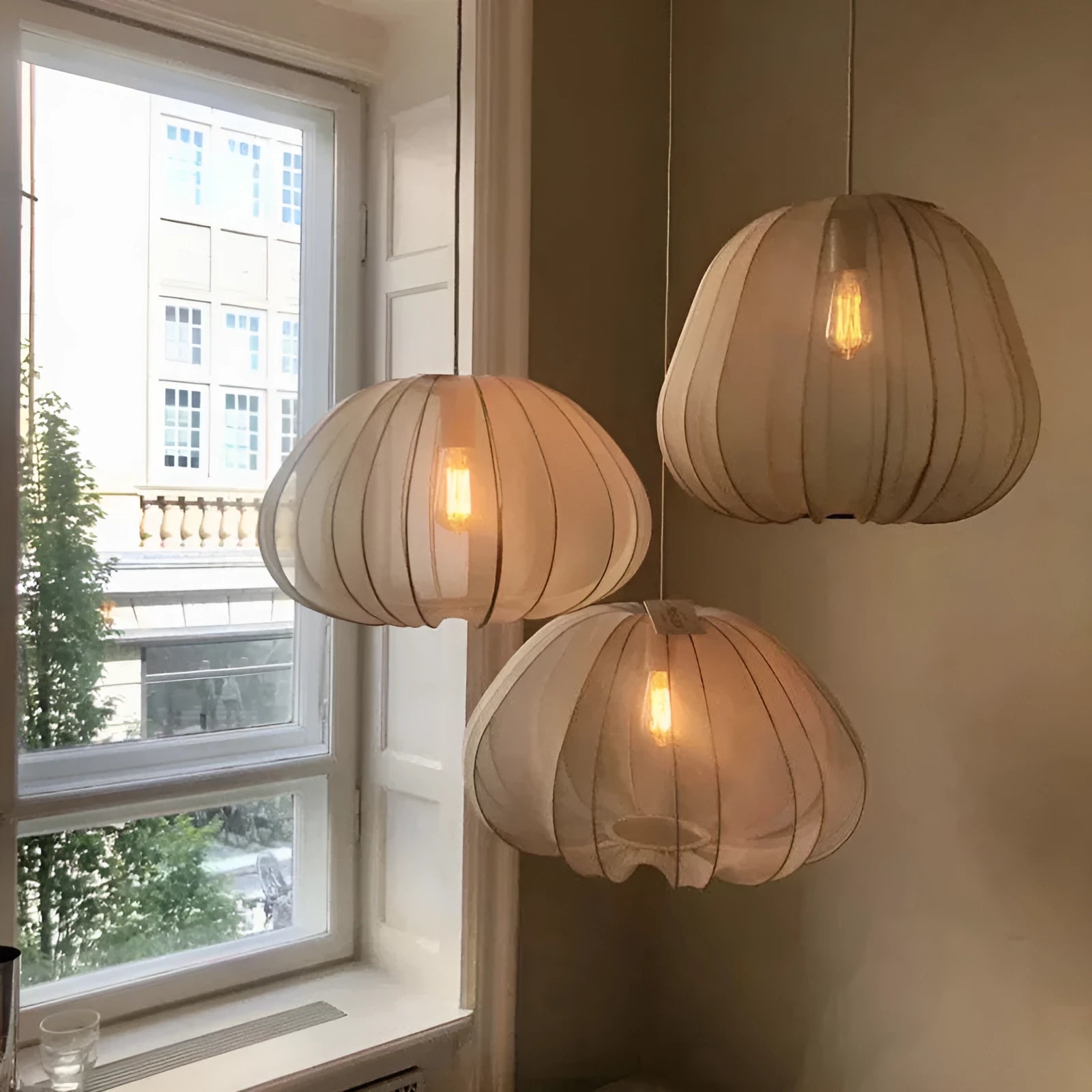 Japanese-style grey blue iron net pumpkin shaped pendant ceiling light with LED bulbs.