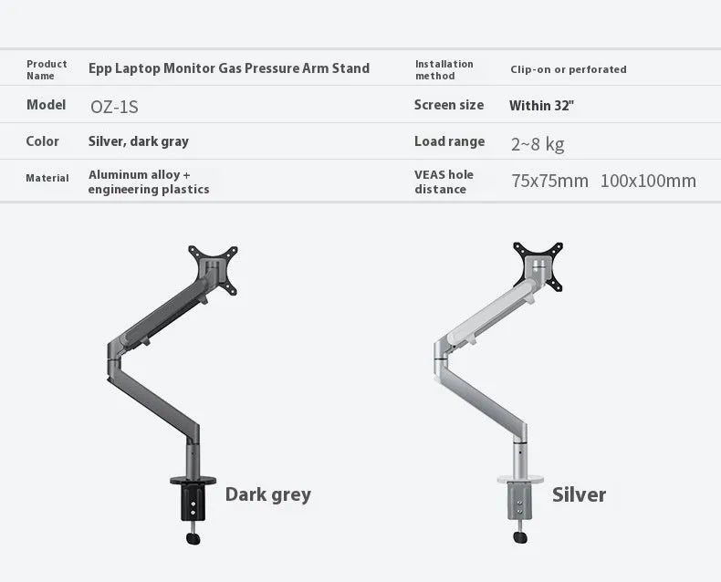 Aluminum alloy hover computer stand with air pressure arm bracket in silver colour