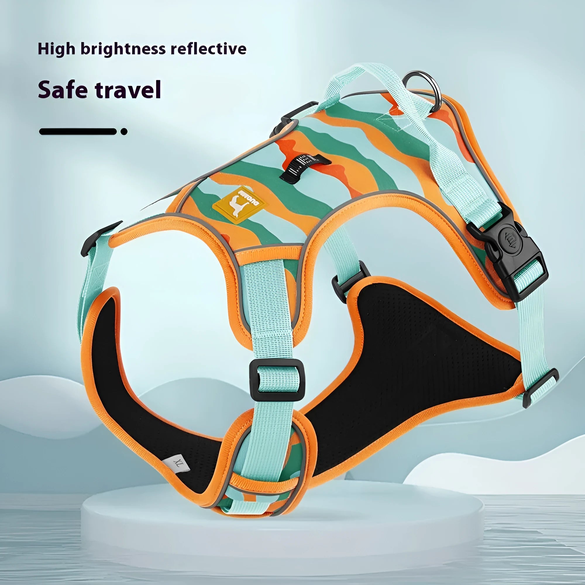 Orange reflective dog lead with chest and back attachment on a grey background.