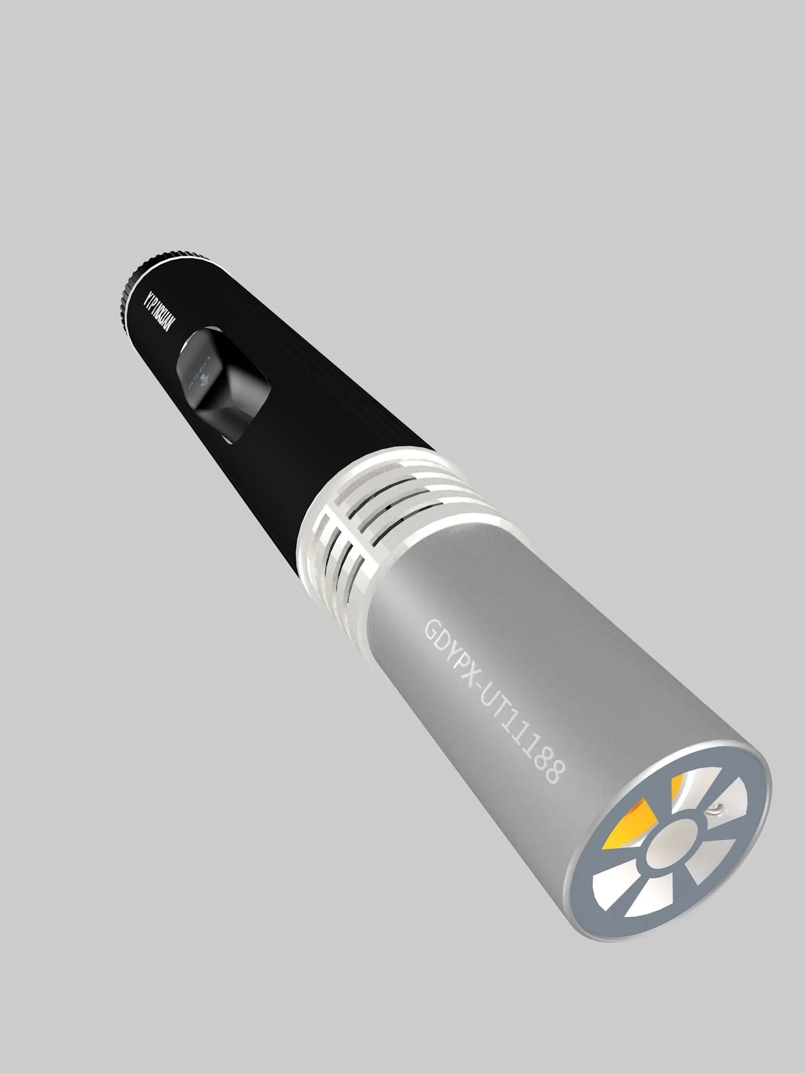 Black portable metal flamethrower torch with frosted finish and child lock, shown with gas bottles for outdoor use.