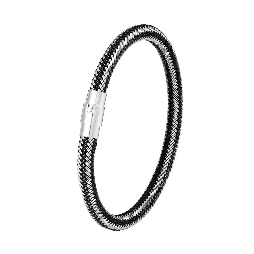 Titanium steel geometric wire bracelet with a magnetic clasp shown in one of four colour options.