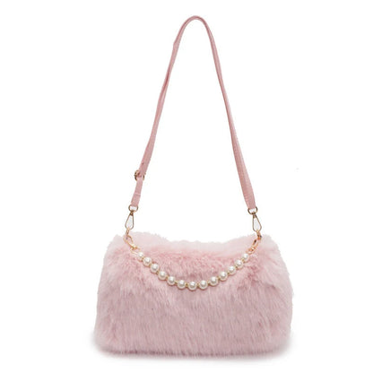 Autumn and winter pearl chain crossbody bag in plush material, available in multiple colours