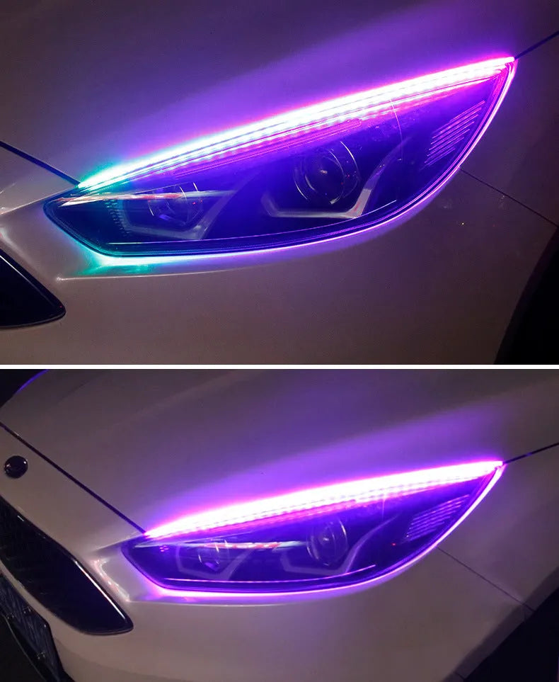 RGB colour LED car daytime running light strip with remote control on a white background.