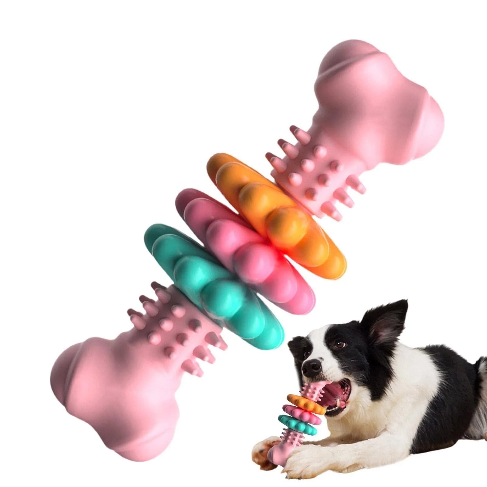 TPR dog chew toy bone in blue, pink, and green for teeth cleaning and stress relief