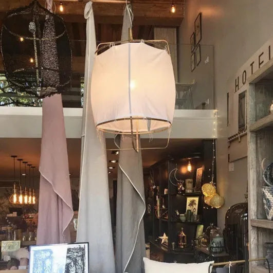 Design Pendant Lamp with 40cm mini shade in beige white gauze, linen and bamboo construction, for restaurant use