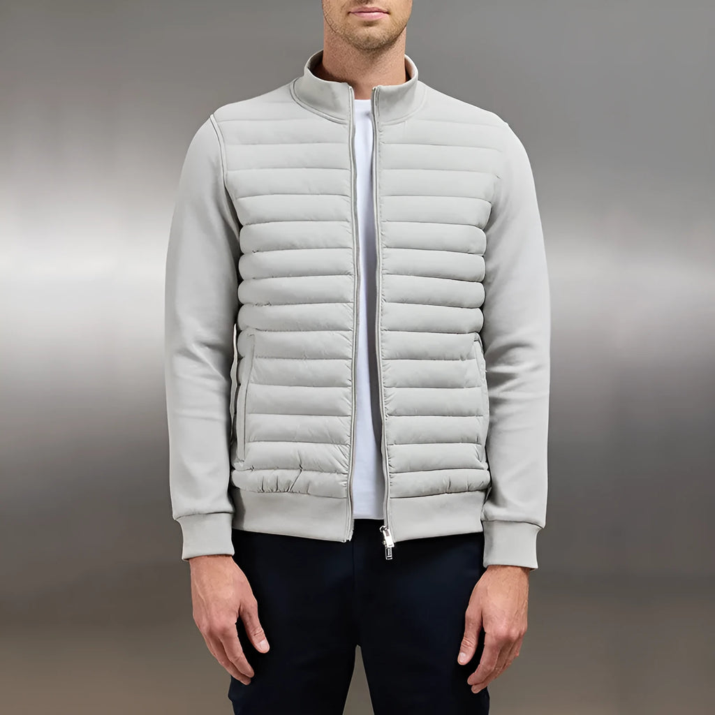 Men's lightweight stand collar coat in solid colour, knitted cotton blend fabric, with topstitching pockets