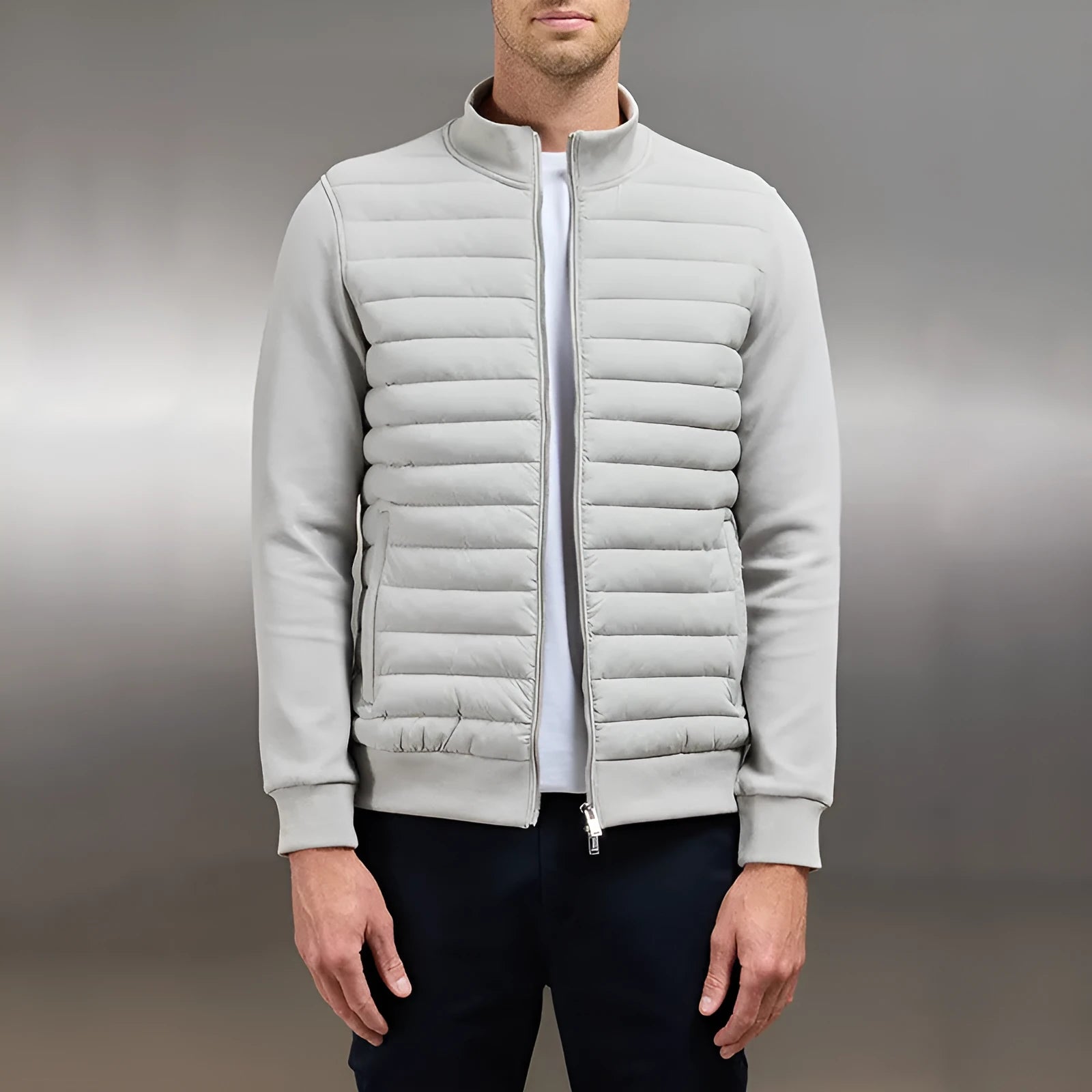 Men's lightweight stand collar coat in solid colour, knitted cotton blend fabric, with topstitching pockets