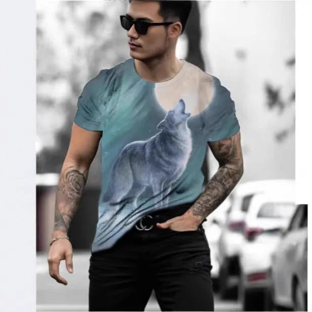 Men's grey short-sleeved T-shirt with a retro-style 3D tiger print on the front.