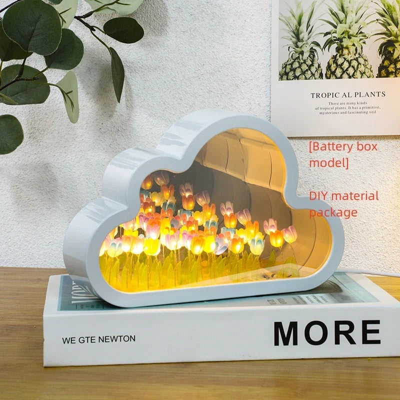 DIY Tulip Night Lamp with LED light and decorative mirror in pink, purple, or blue