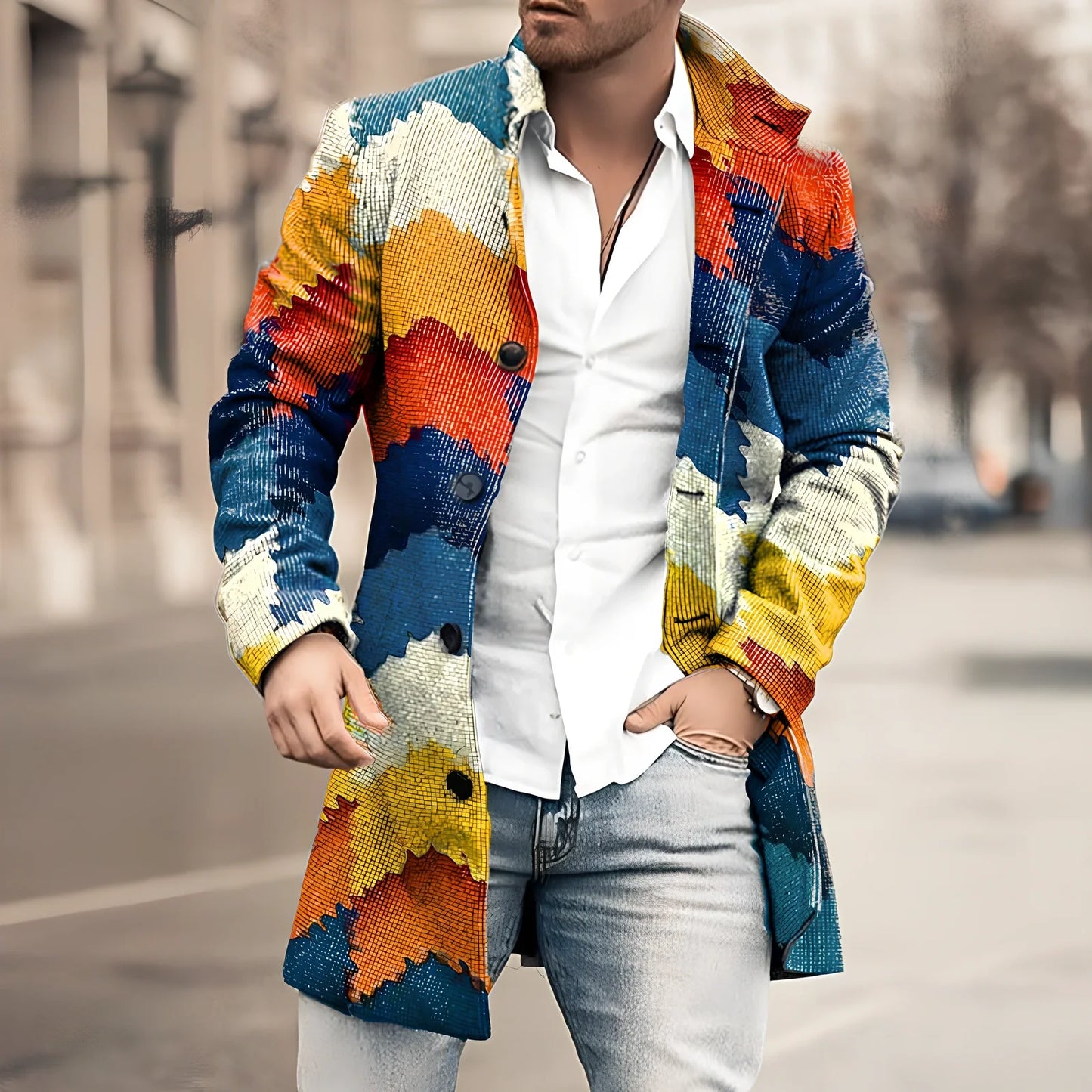 Youth slim casual cotton windbreaker jacket in blue or brown, sizes M-4XL with 83-88cm length and 110-130cm bust measurements