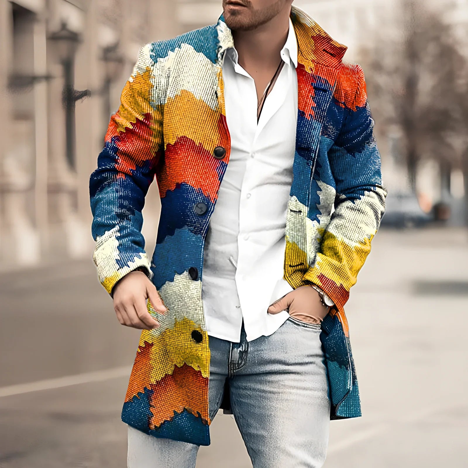 Youth slim casual cotton windbreaker jacket in blue or brown, sizes M-4XL with 83-88cm length and 110-130cm bust measurements