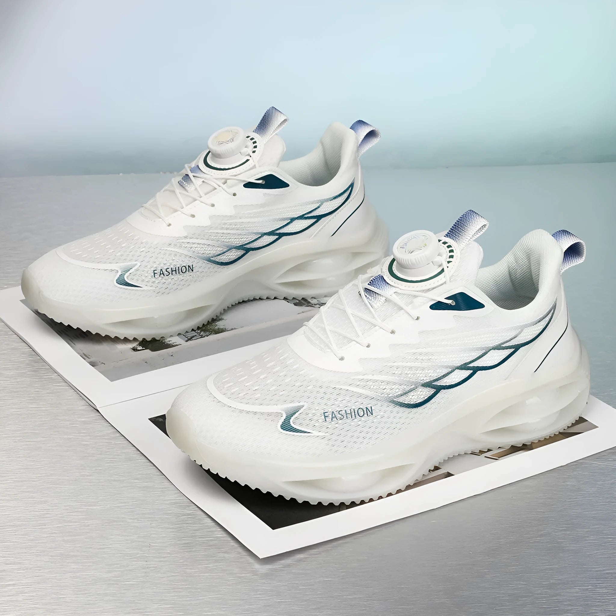 Casual lace-up running shoes in sky blue with mesh upper and rubber sole.