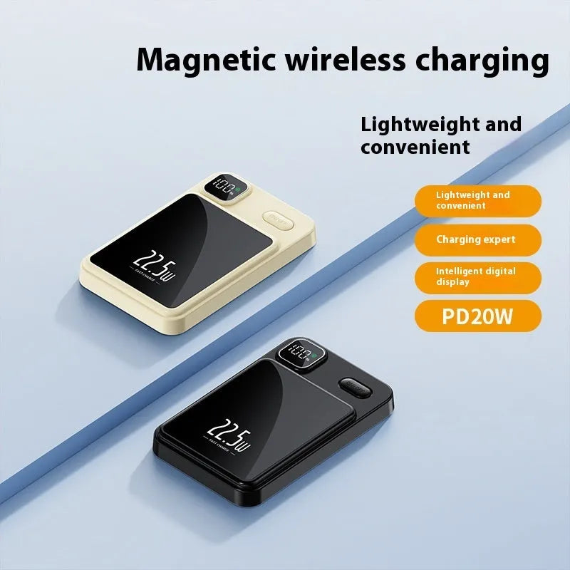 Magnetic wireless power bank with power percentage display in white colour
