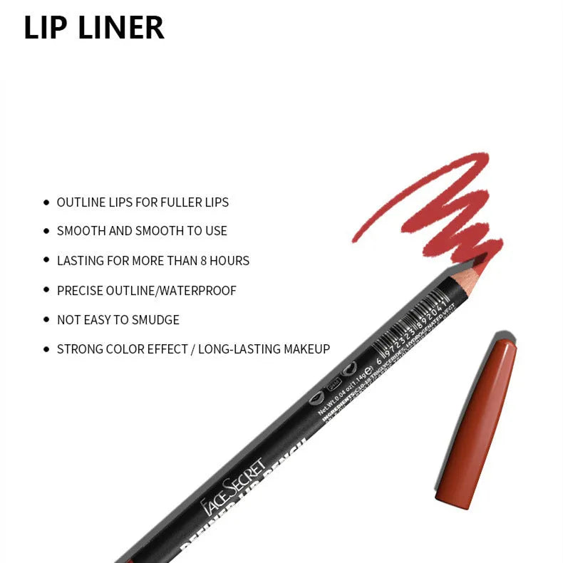 Wood lip liner pencil in matte finish showing shade range from 201 to 214, waterproof and transfer-resistant