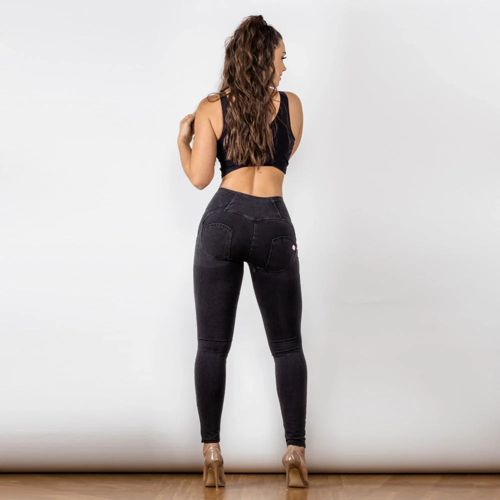 Black women's high waist jeans with button-up hip raise in British style