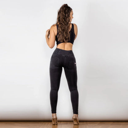 Black women's high waist jeans with button-up hip raise in British style