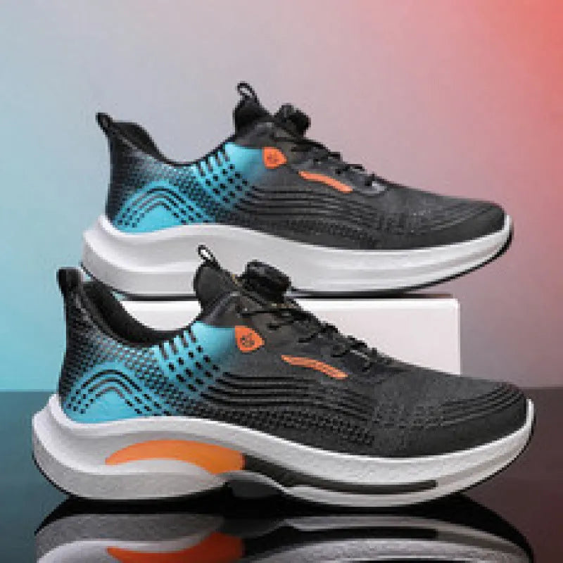Men's white and blue low-top sneakers with a rotating buckle and mesh lining.