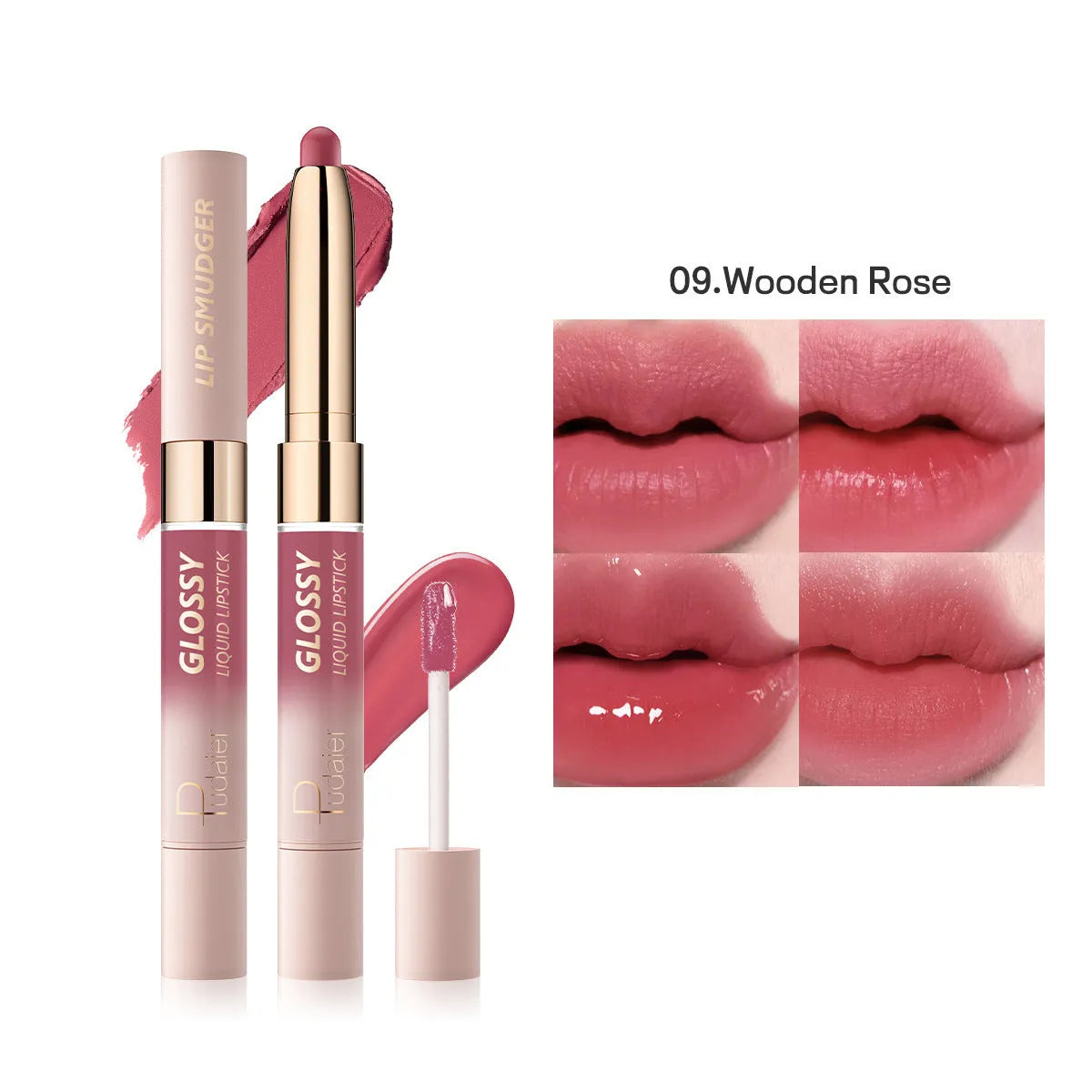 Double-ended lipstick and lip gloss set showing matte and glossy ends in one of ten available colour shades