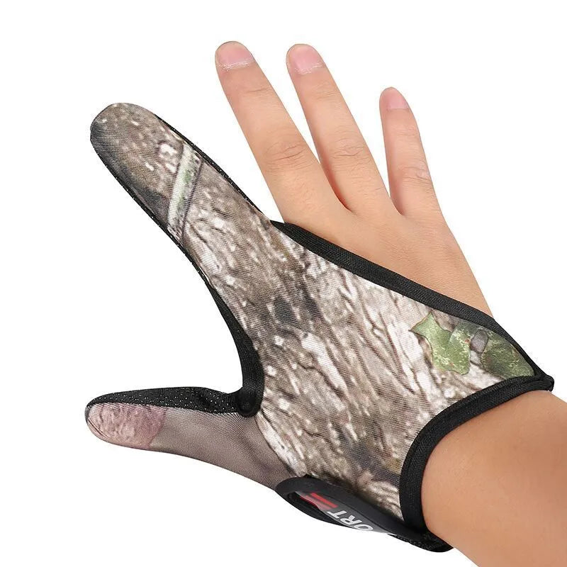 Single two-finger fishing glove showing diving cloth back and microfiber palm with index finger and thumb coverage