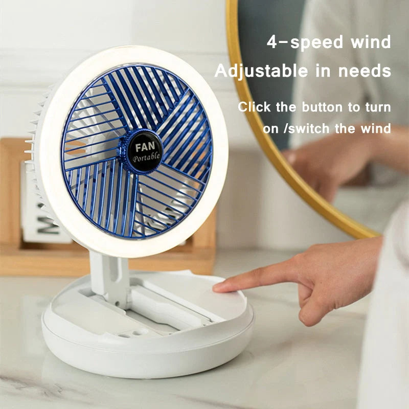 USB charging foldable table fan with LED light and adjustable speeds in grey and blue