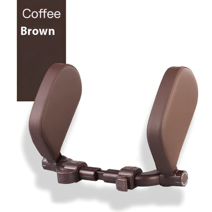 Adjustable car headrest pillow with 36cm bracket and 14cm rotating PU leather cushion