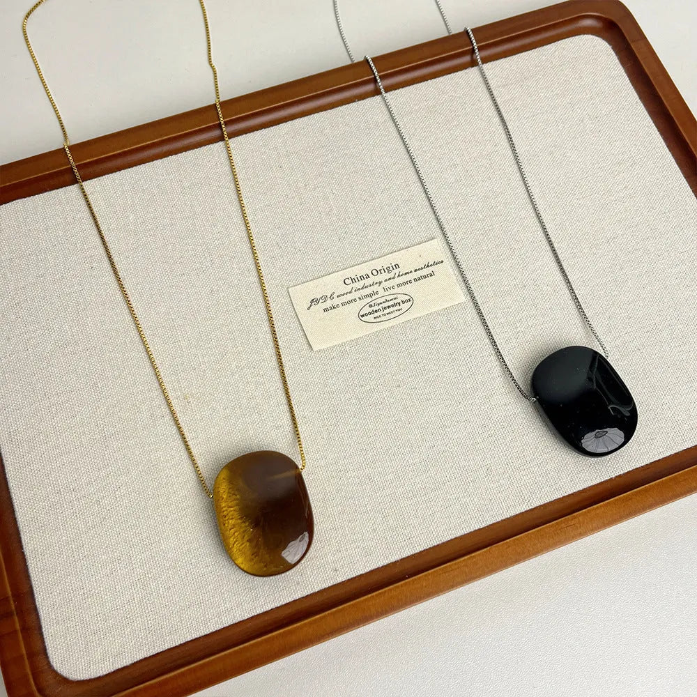 Square tigereye pendant necklace on a long alloy chain, coffee colour, geometric design, 70cm length