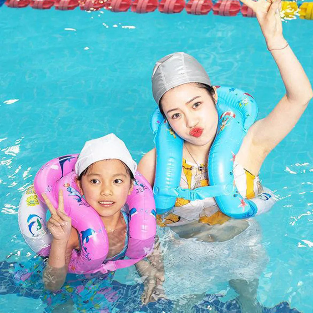 Happy Tour thickened double airbag swim vest in PVC with printed pattern, pink and blue options