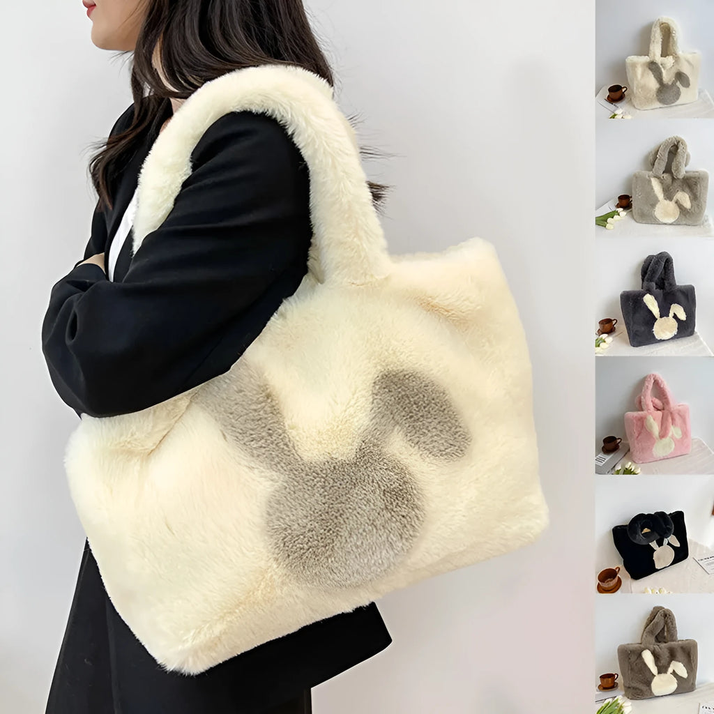 Soft plush tote bag with cartoon rabbit ears in one of six solid colours.