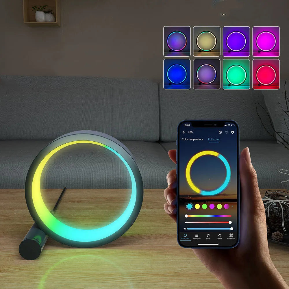 Smart aluminium alloy LED light with colourful music-reactive rings and a remote control