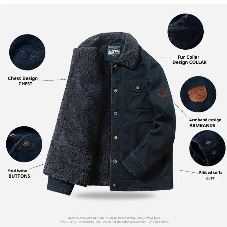 Men's thick fleece short cotton jacket in army green with single-breasted placket and fleece lining