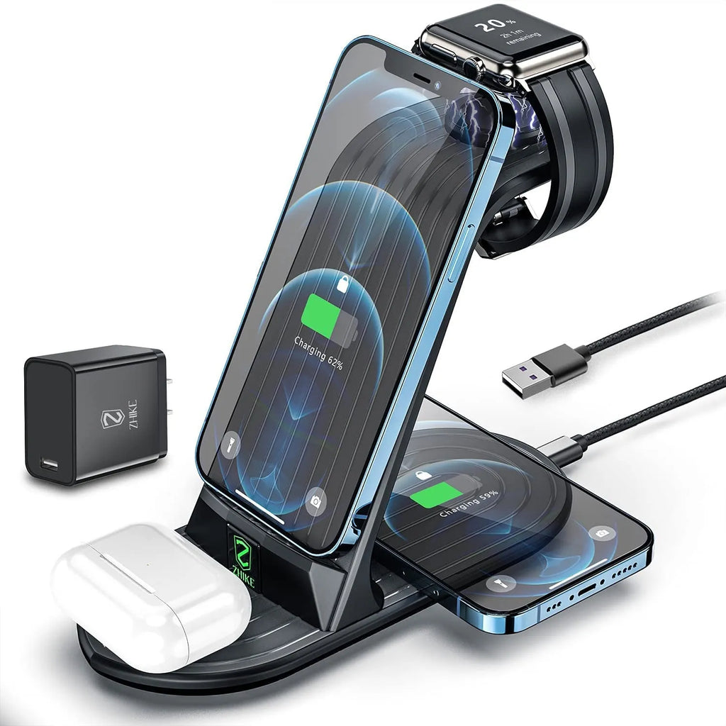 Black four-in-one wireless charger station for iPhone iWatch headset with 20W fast charging and USB cable adapter