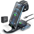 Black four-in-one wireless charger station for iPhone iWatch headset with 20W fast charging and USB cable adapter