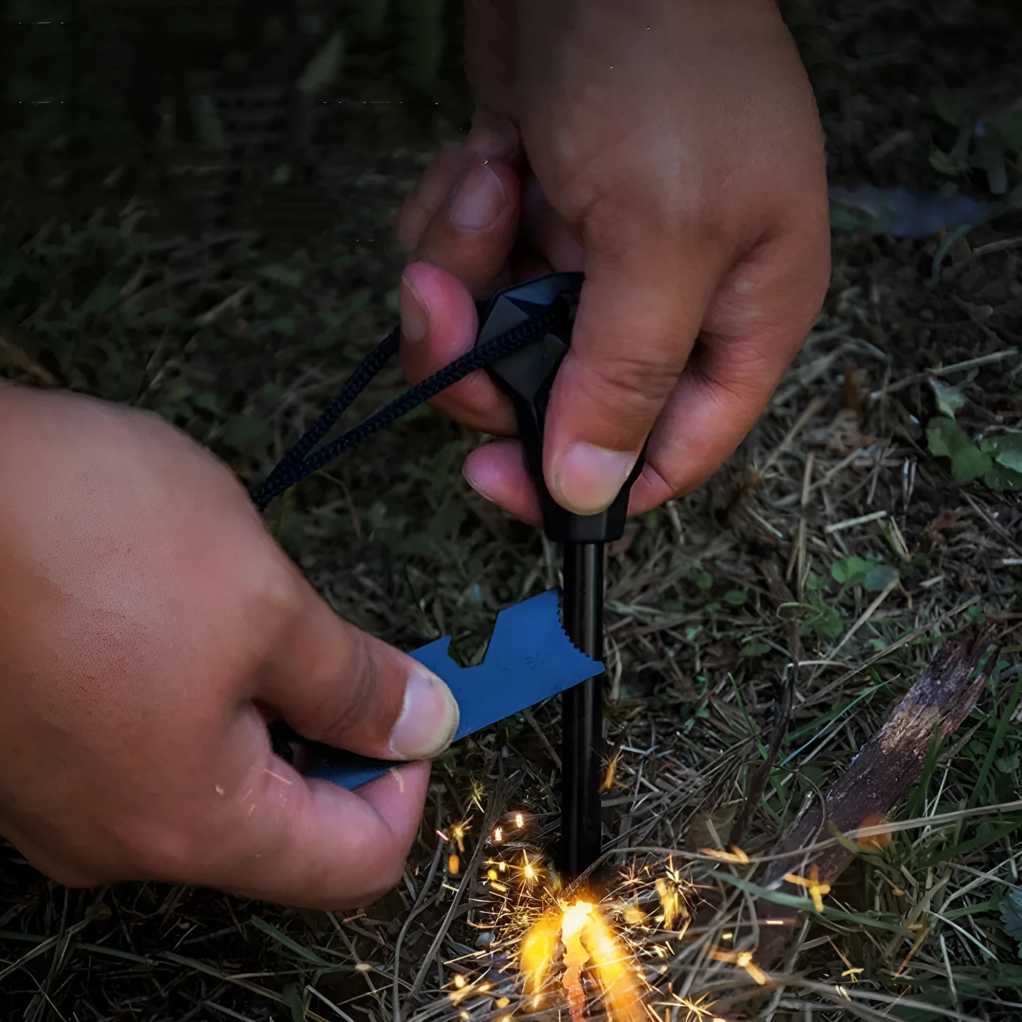 Black outdoor multifunctional flint tool with magnesium rod, steel scraper, whistle, and bottle opener.