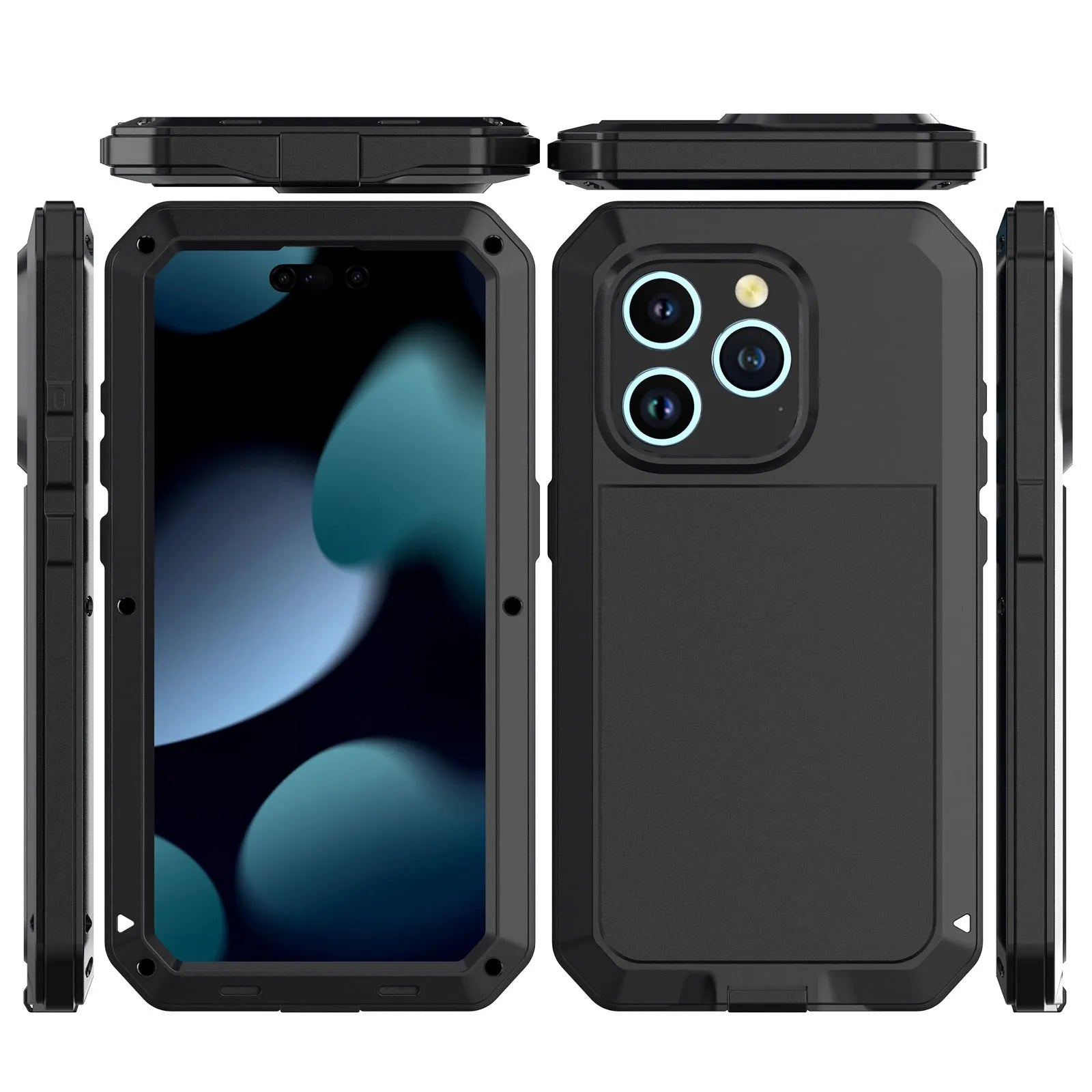 Metal three-proof phone case for iPhone in black, all-inclusive design with cutouts for ports and camera