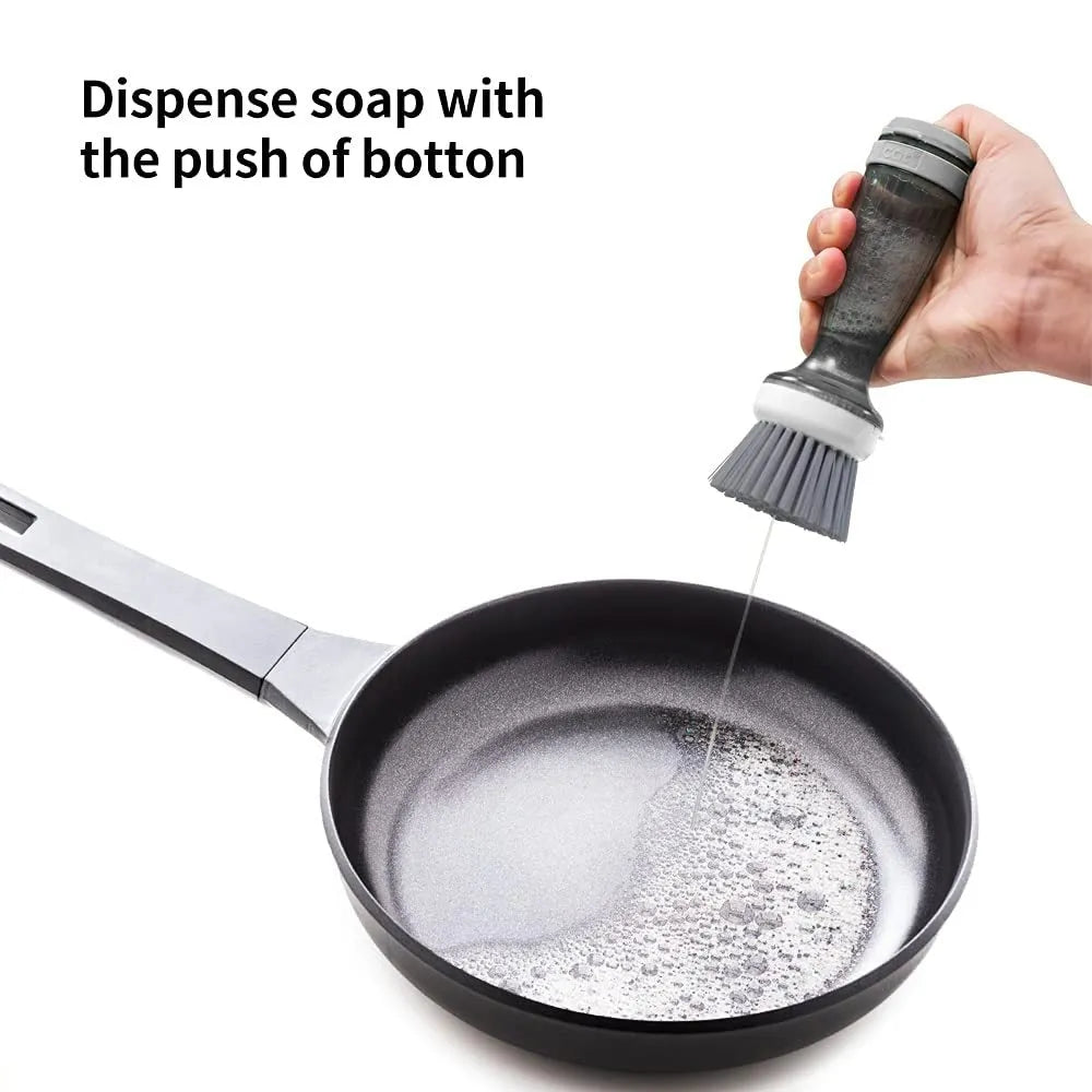 Pot brush with soap dispenser in mint green colour showing replaceable brush head and non-scratch bristles