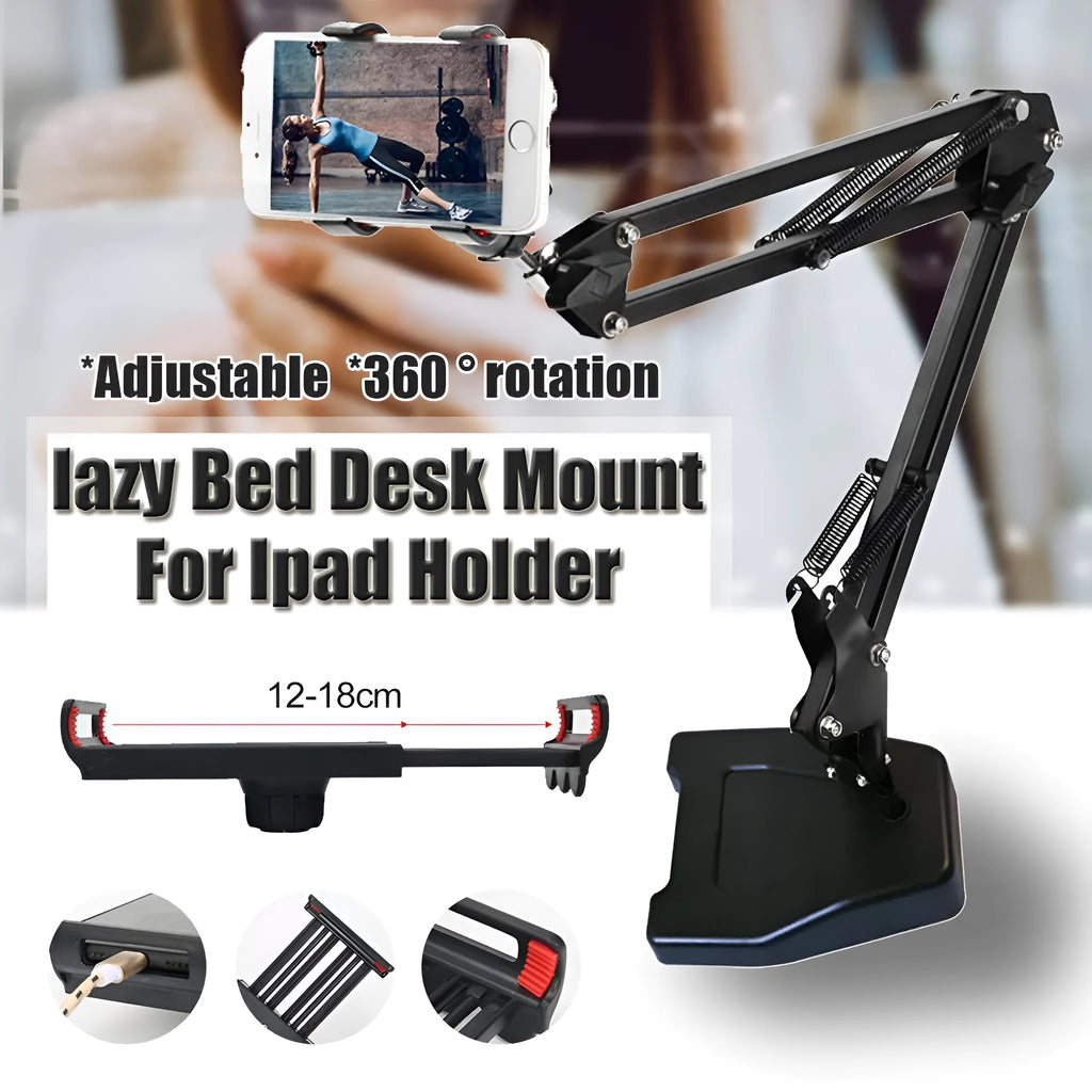 Black adjustable phone stand with 23cm long arm and weighted base for desktop use