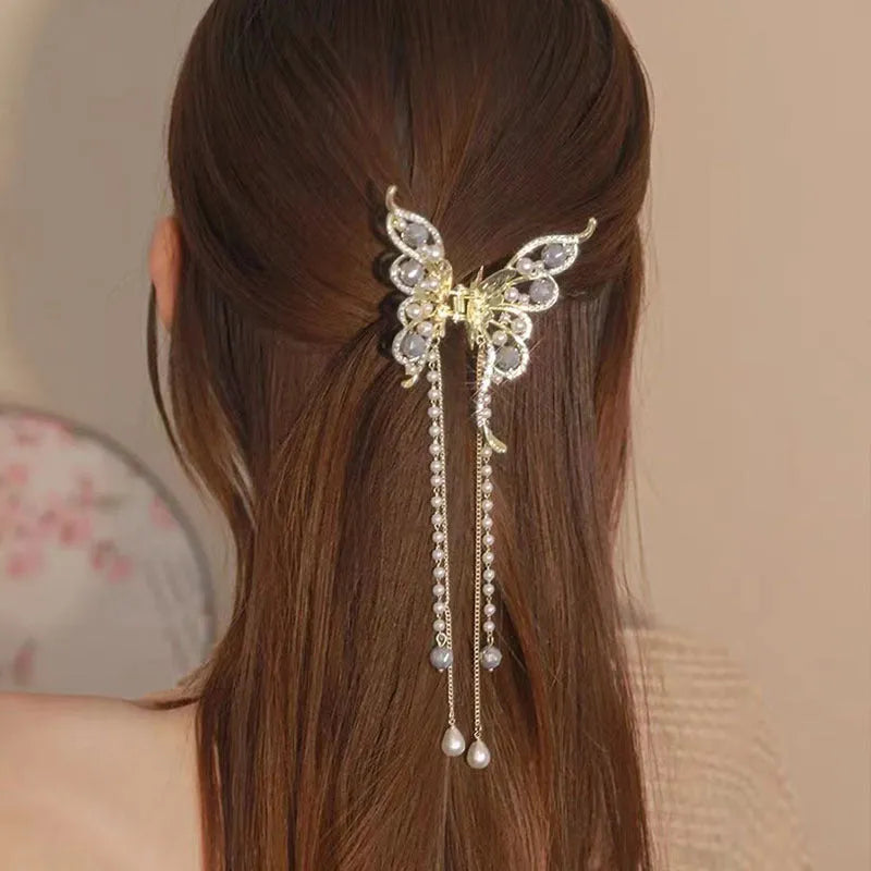 Women's alloy butterfly tassel grab clip, 8x8.5cm butterfly with 15cm tassel, manual finish, F0403 Butterfly tassel colour