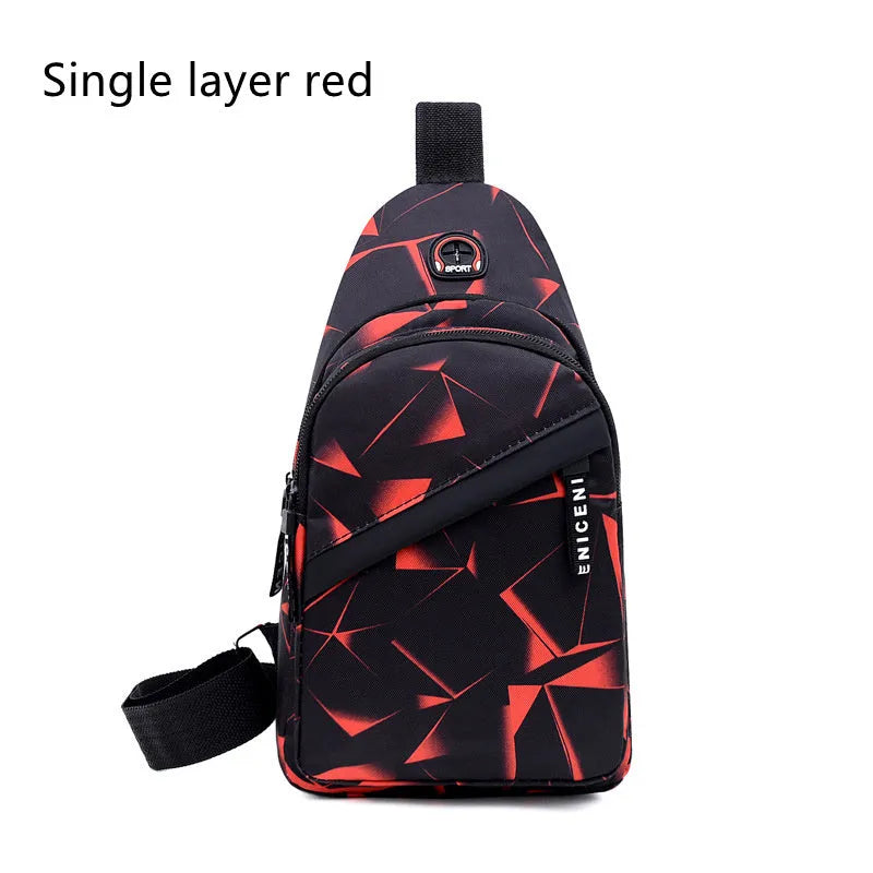 A blue print sling chest bag for men with an earphone hole, shown in a square vertical crossbody style.