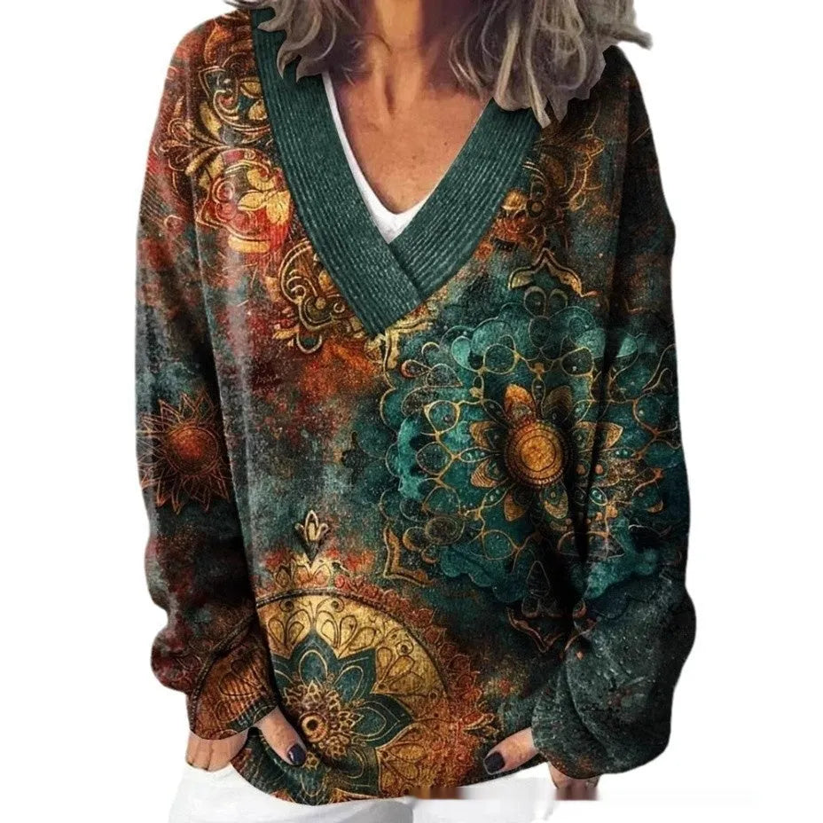 Women's V-neck long sleeve sweatshirt with a detailed 3D floral print in a retro art style.