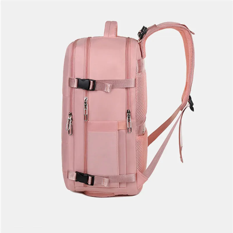 Women's large capacity travel backpack in purple with multiple compartments and air pillow belt