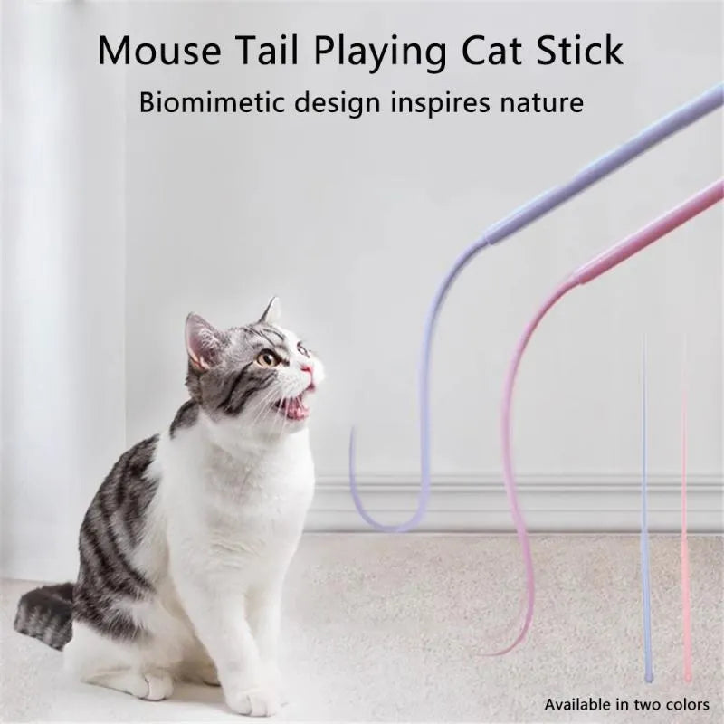 Blue simulated mouse tail cat teasing stick with silicone tail and cat head design for interactive play
